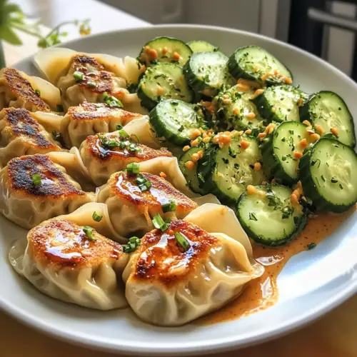 Teigtaschen und zerdrückter Gurkensalat