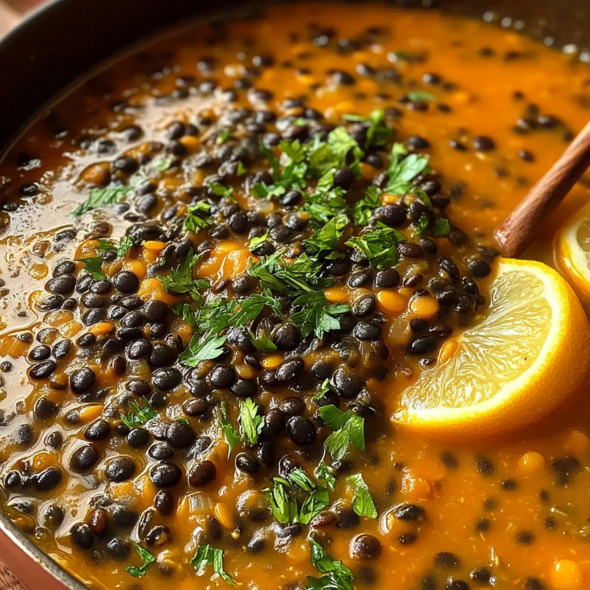 Zitronig und würziges schwarzes Linseneintopf
