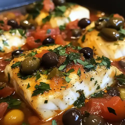 Mittelmeer-Kabeljau provenzalisch mit Tomaten, Oliven und Kapern